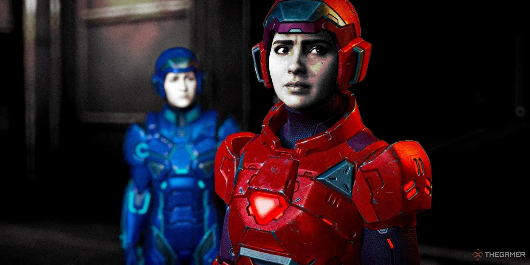 Zoe và Mio trong Split Fiction, mặc bộ đồ sci-fi đỏ và xanh.