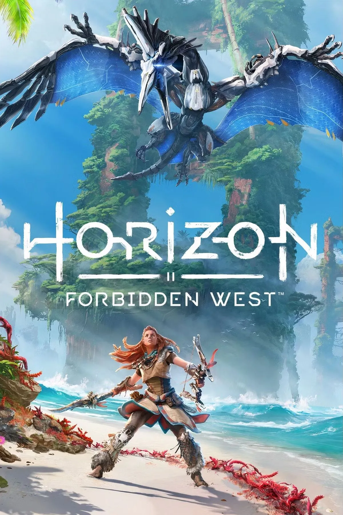Ảnh bìa chính thức của game Horizon Forbidden West, thể hiện Aloy và thế giới máy móc hoành tráng