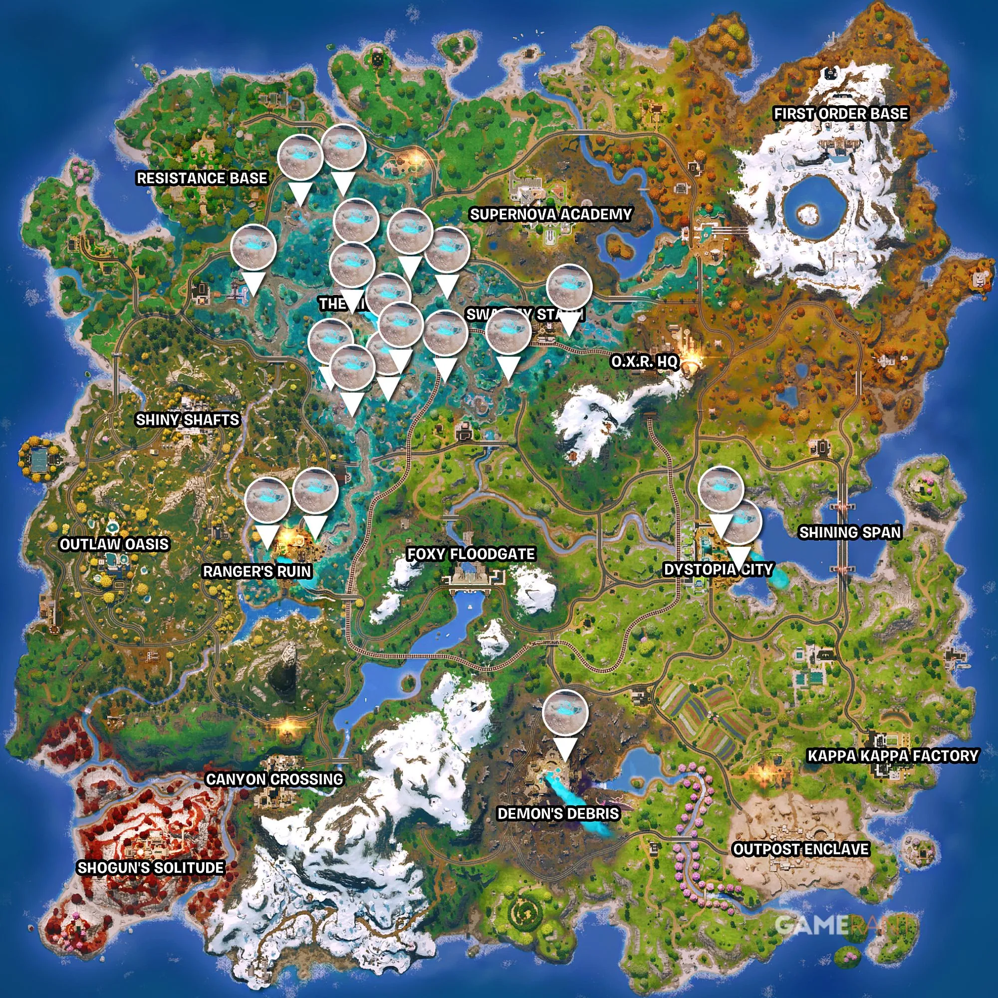 Bản đồ chi tiết tất cả vị trí Slurp Geyser trong Fortnite Chapter 6 Season 4, giúp game thủ dễ dàng tìm kiếm và hồi phục lá chắn.