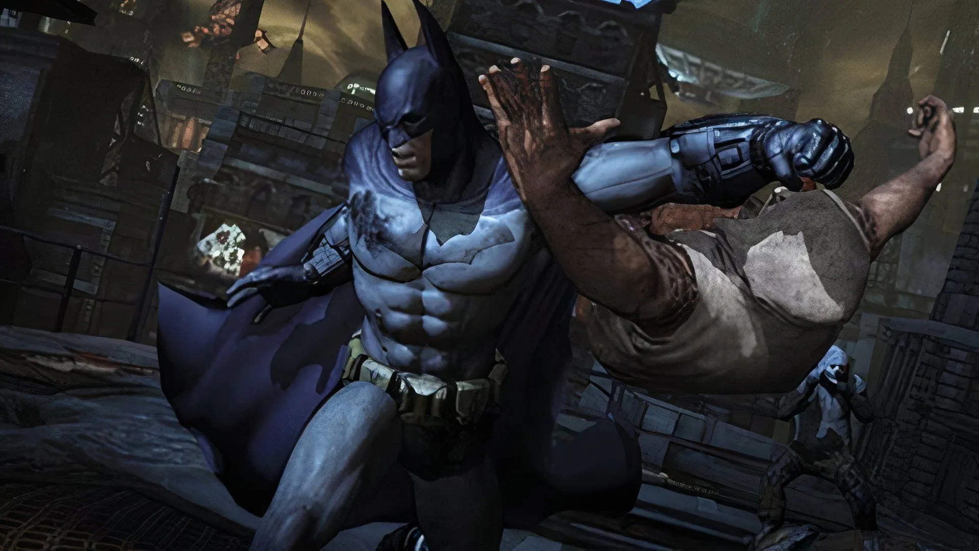 Batman thực hiện đòn tấn công lén lút trong một phân cảnh của Batman: Arkham City