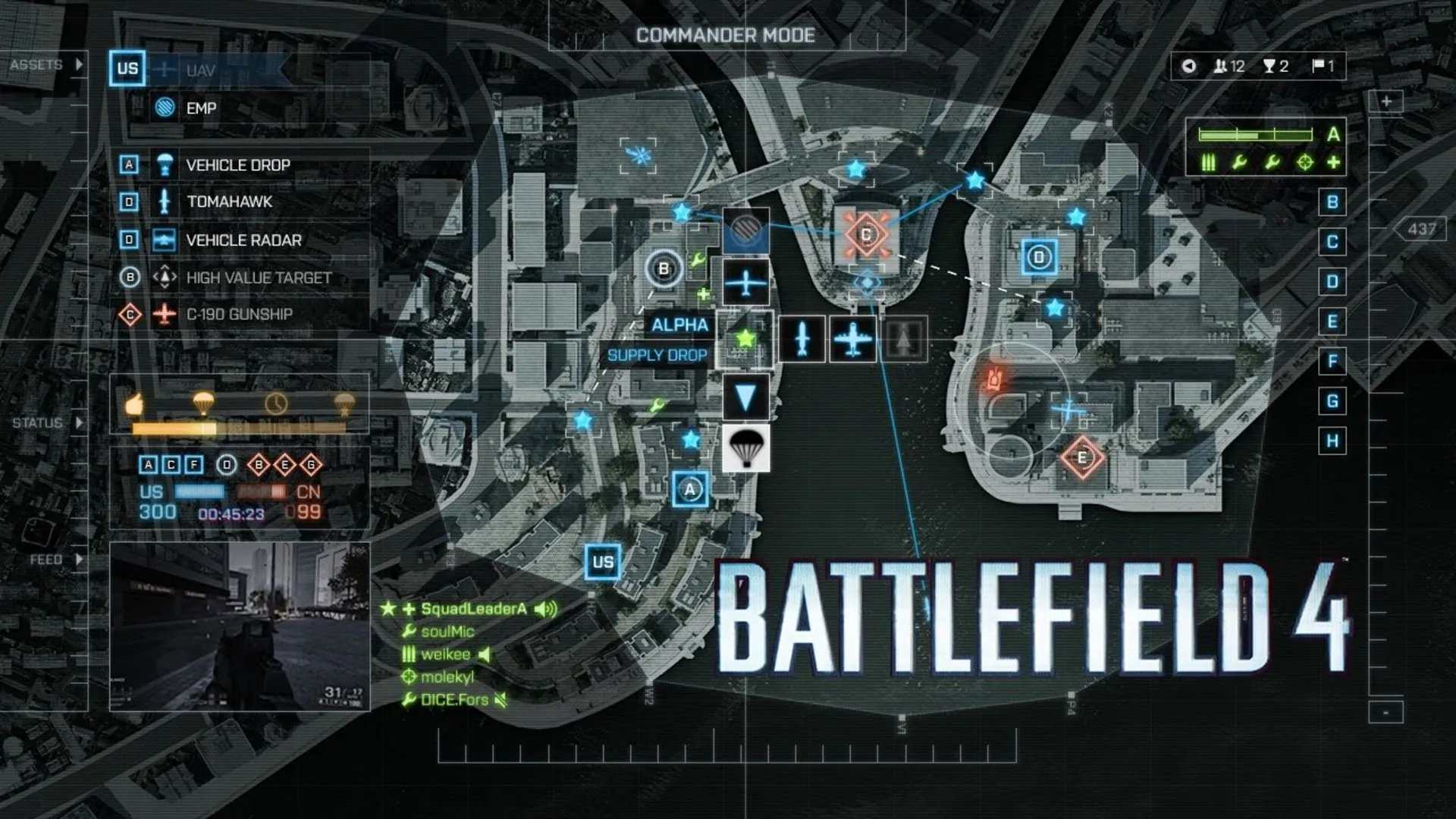 Chế độ Commander trong Battlefield 4 với giao diện chiến thuật và các tùy chọn hỗ trợ đội hình