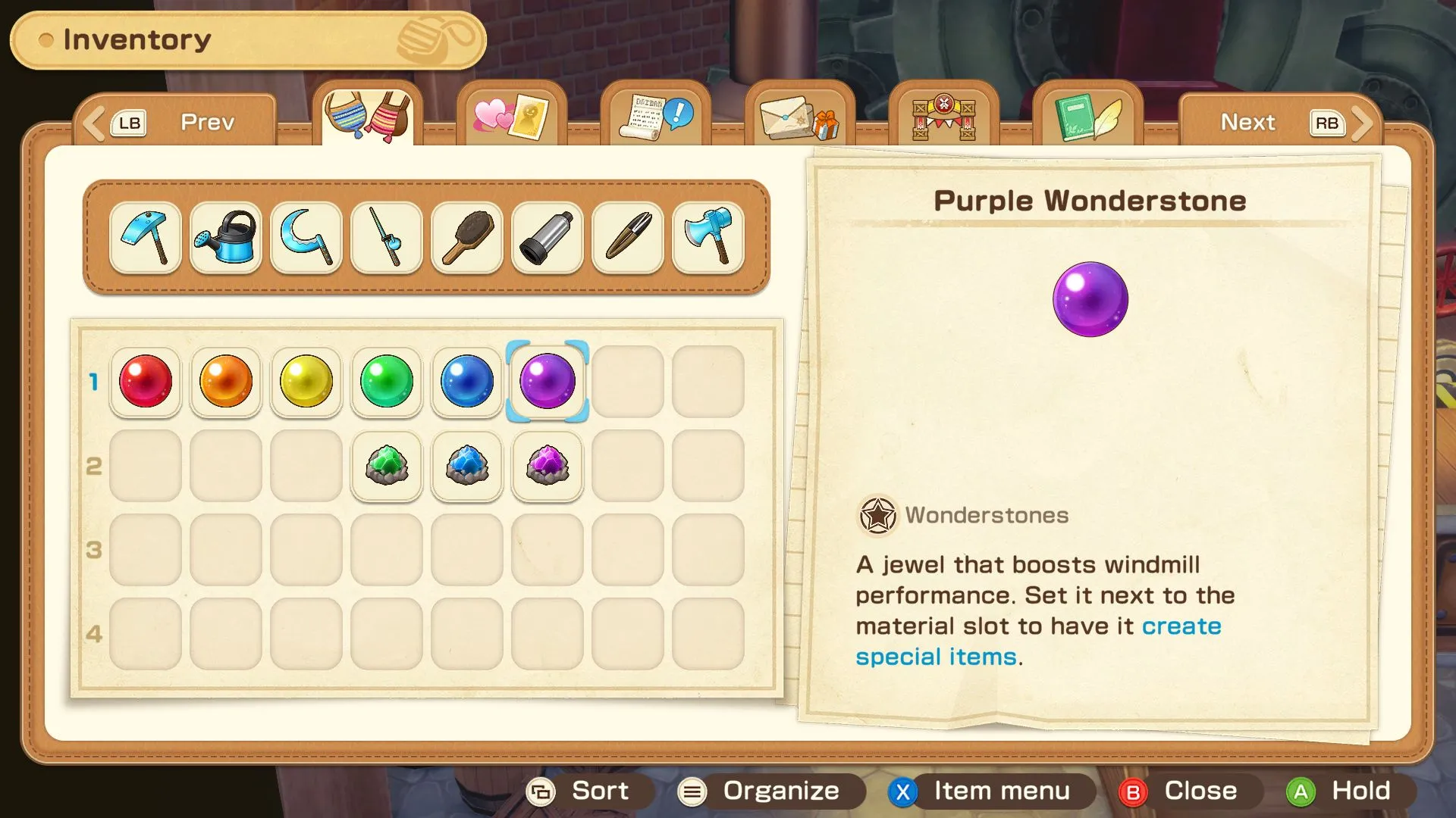 Giao diện Cối xay gió và vị trí đặt Purple Wonderstone trong Story of Seasons Grand Bazaar