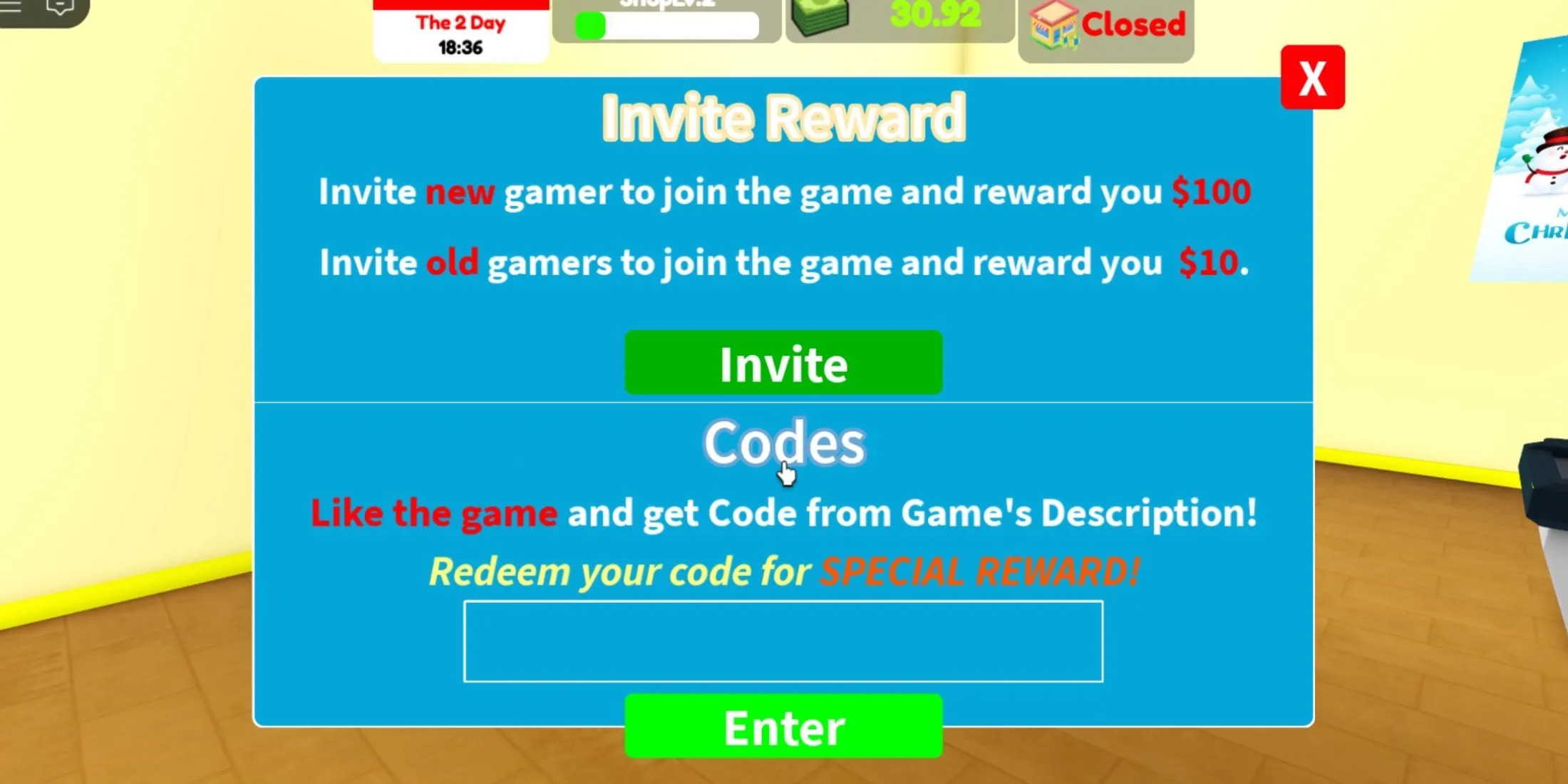 Giao diện nhập code Supermarket Simulator với nút &quot;Enter&quot; và trường nhập liệu