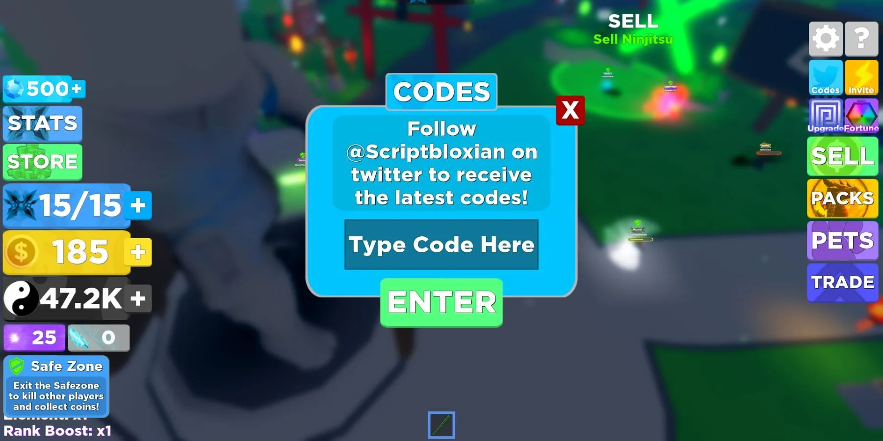 Giao diện nhập mã code Ninja Legends trong Roblox, minh họa vị trí nút đổi quà