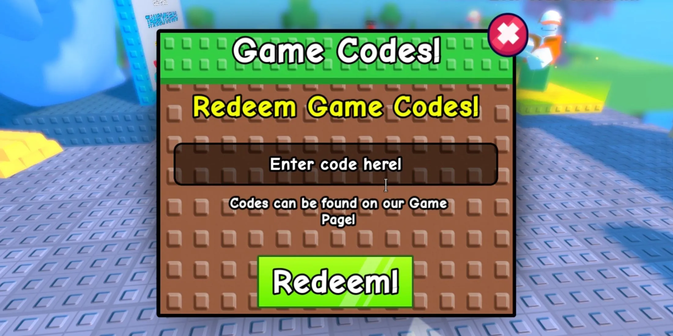 Giao diện nhập mã code trong Stick Battles, với nút Redeem nổi bật