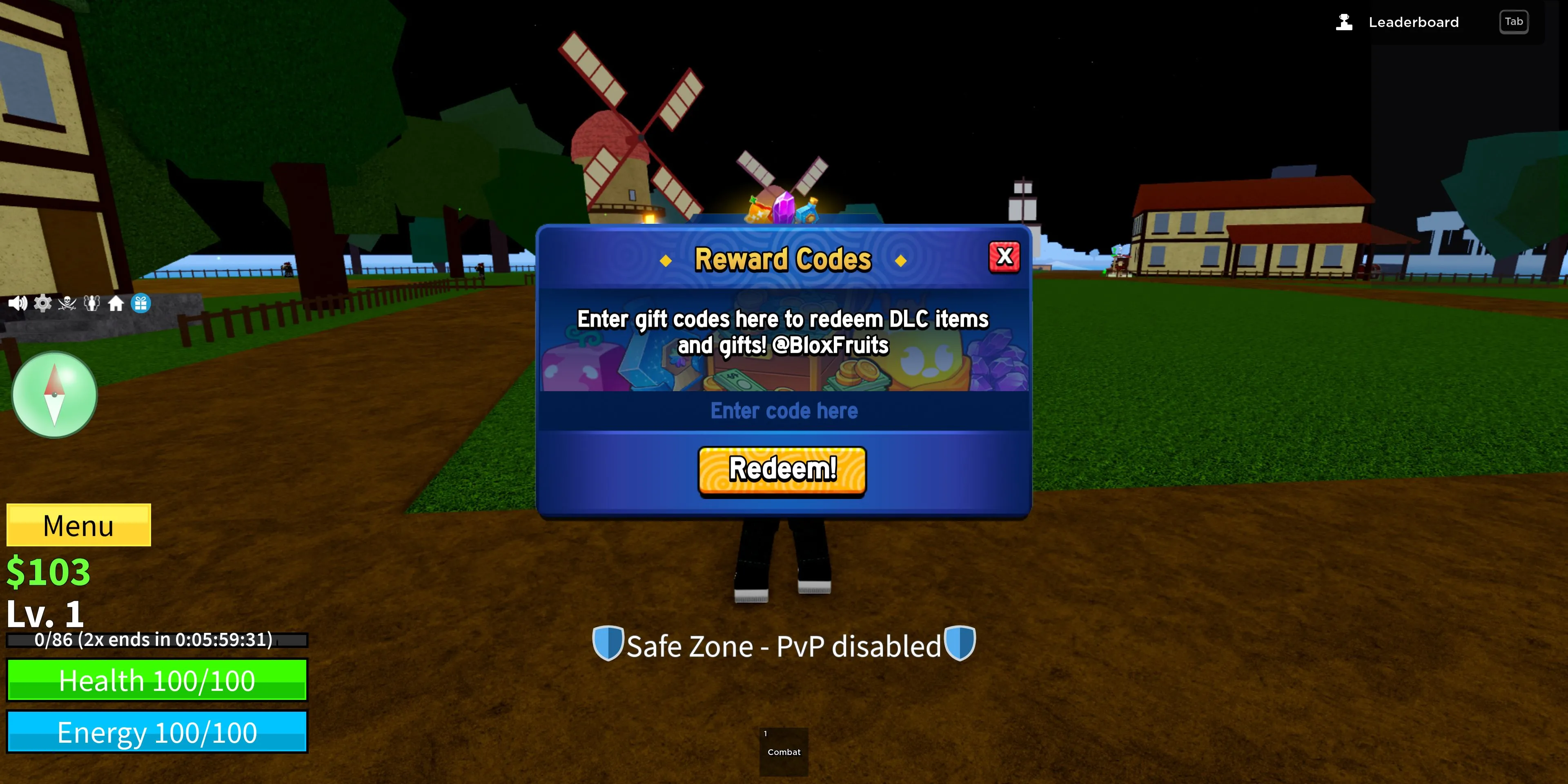Giao diện trong game Blox Fruits hiển thị nút nhập code và ô điền mã thưởng để nhận quà