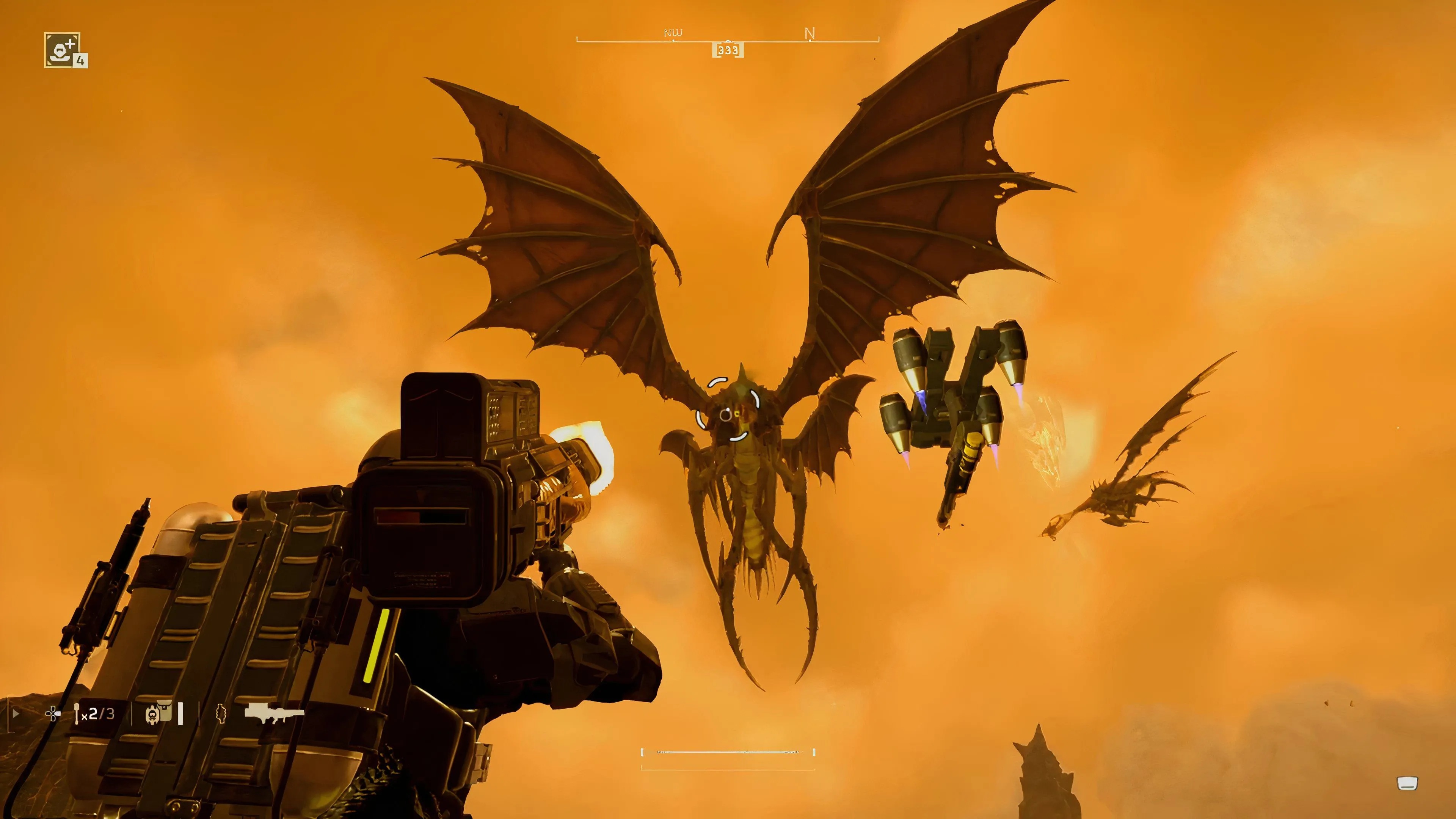 Helldiver sử dụng Quasar Cannon bắn trúng đầu Dragonroach Terminid hạ gục nhanh chóng