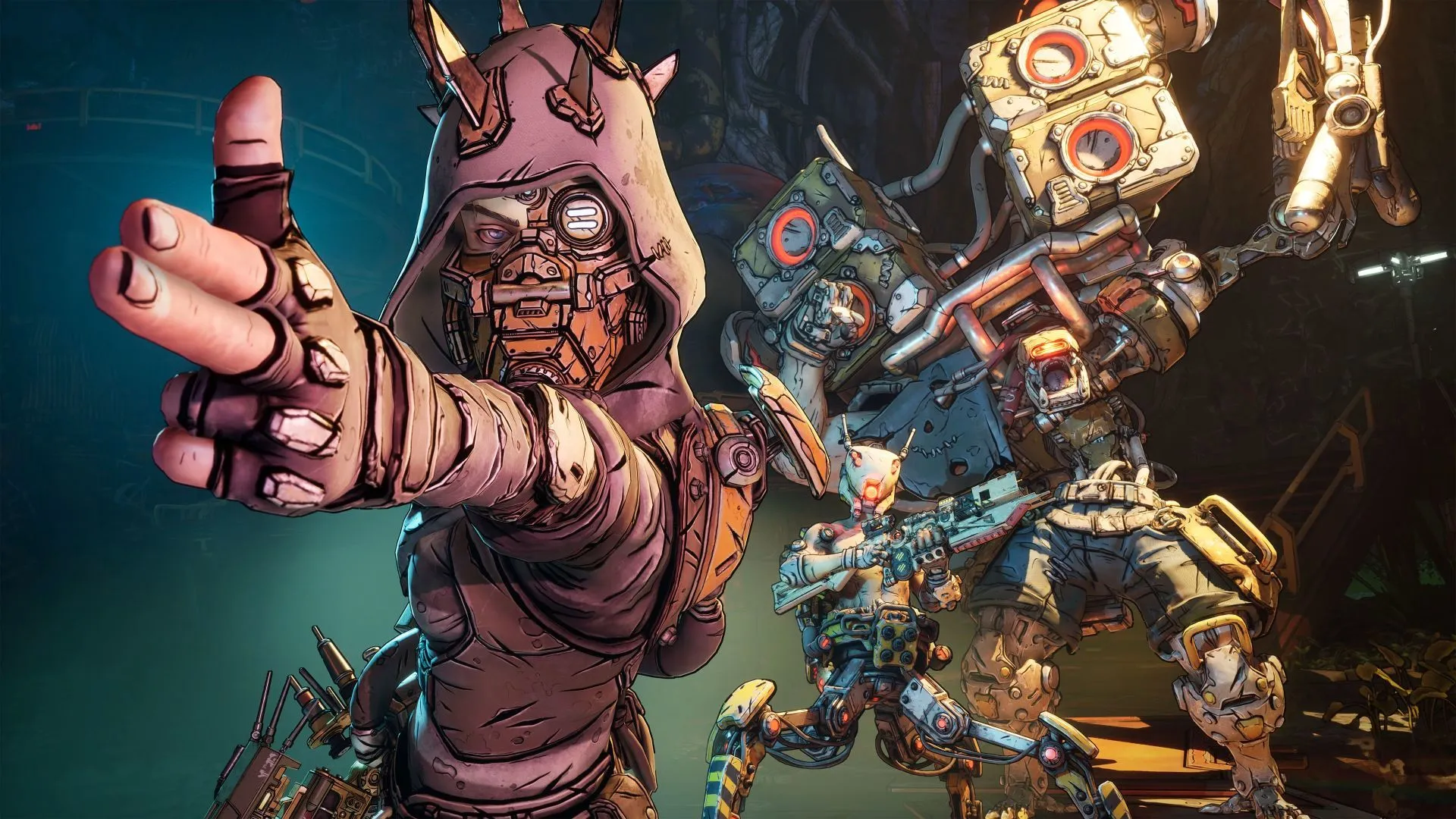 Hình ảnh quảng bá Borderlands 4 với tên cướp đang mô phỏng súng bằng tay