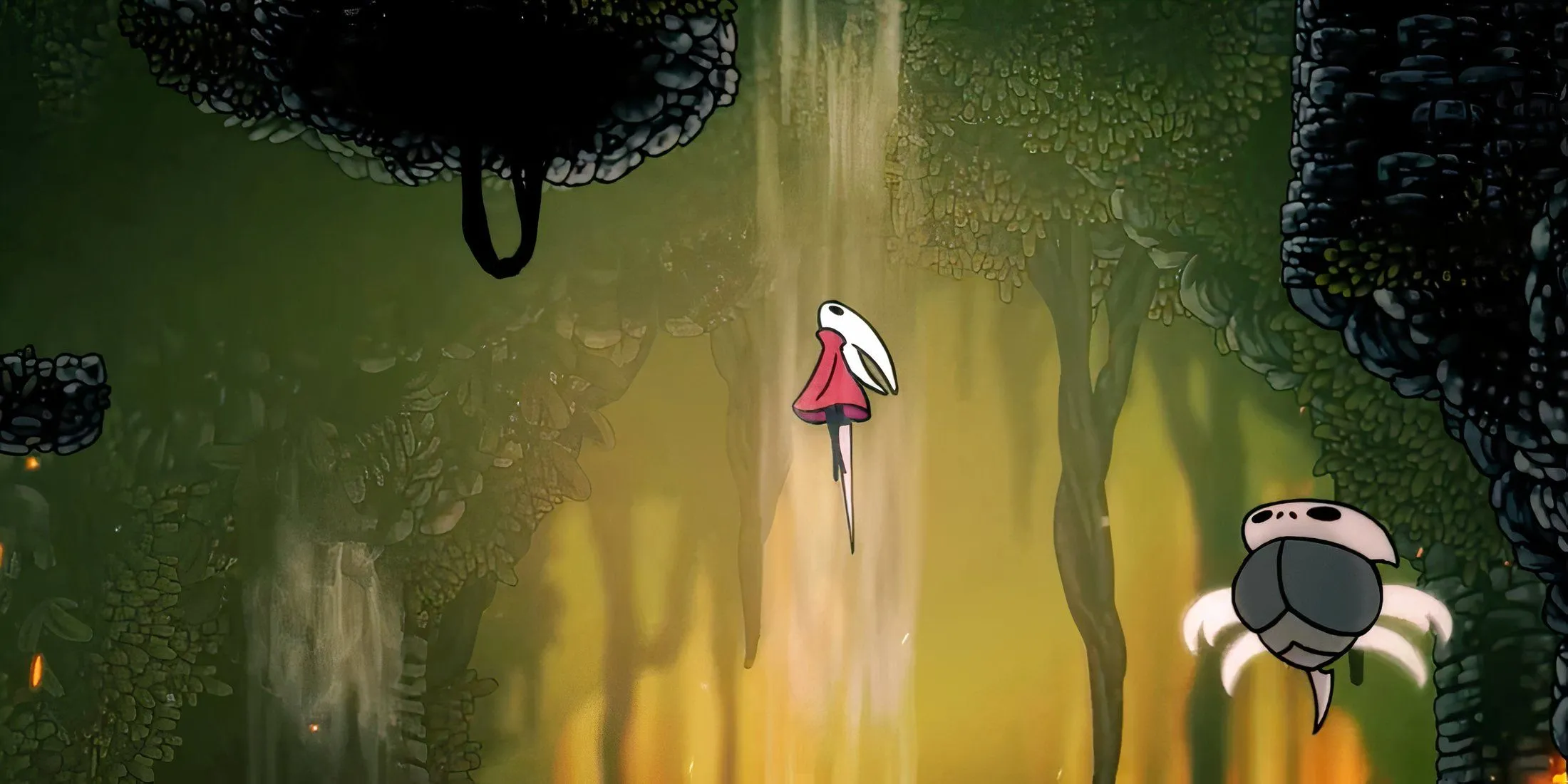 Hornet bay lên nhờ luồng gió trong một phân cảnh hành động của Hollow Knight Silksong, thể hiện cơ chế di chuyển mới.