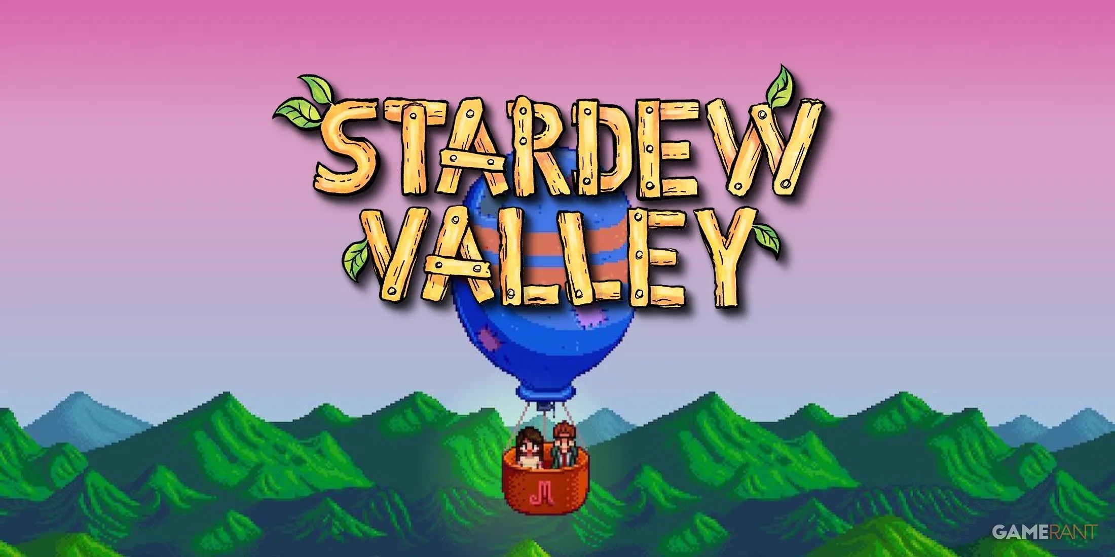 Logo game Stardew Valley với khung cảnh nông trại và khinh khí cầu đặc trưng
