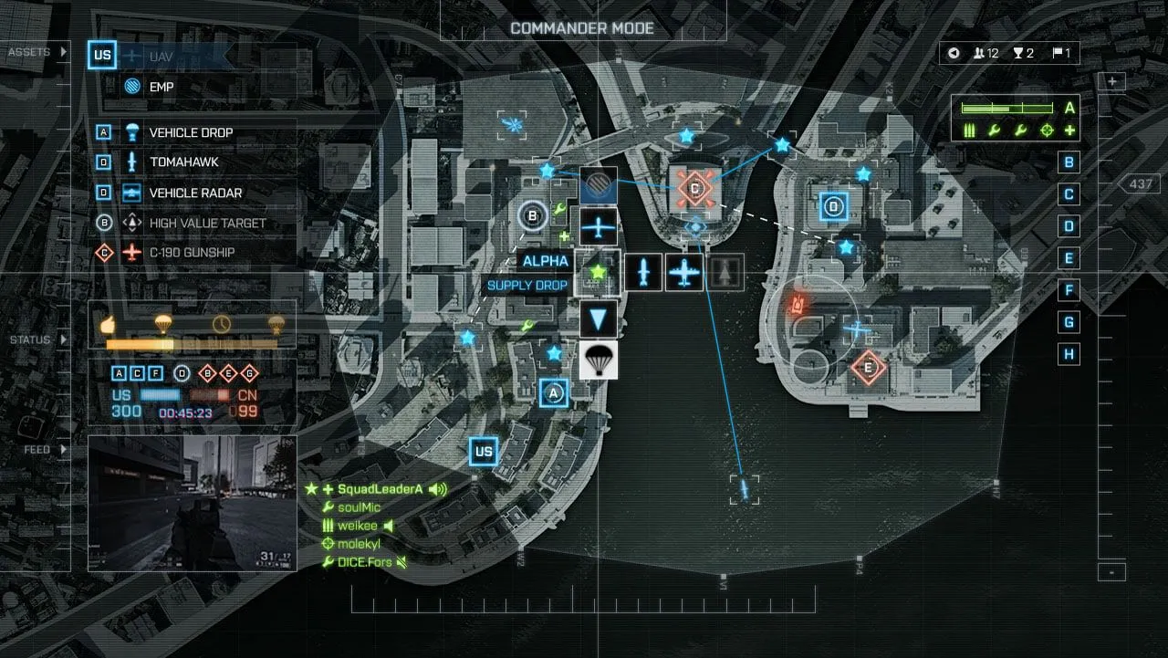 Màn hình giao diện của Commander Mode trong Battlefield 4, hiển thị bản đồ chiến trường và các lệnh chiến thuật