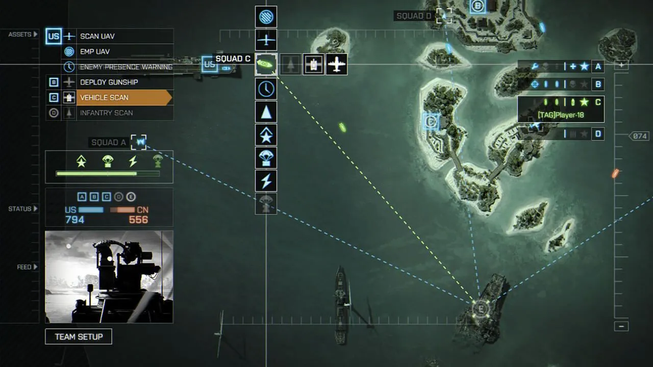 Một Commander đang điều khiển bản đồ Paracel Storm trong Battlefield 4, sử dụng các công cụ chiến thuật để hỗ trợ đội