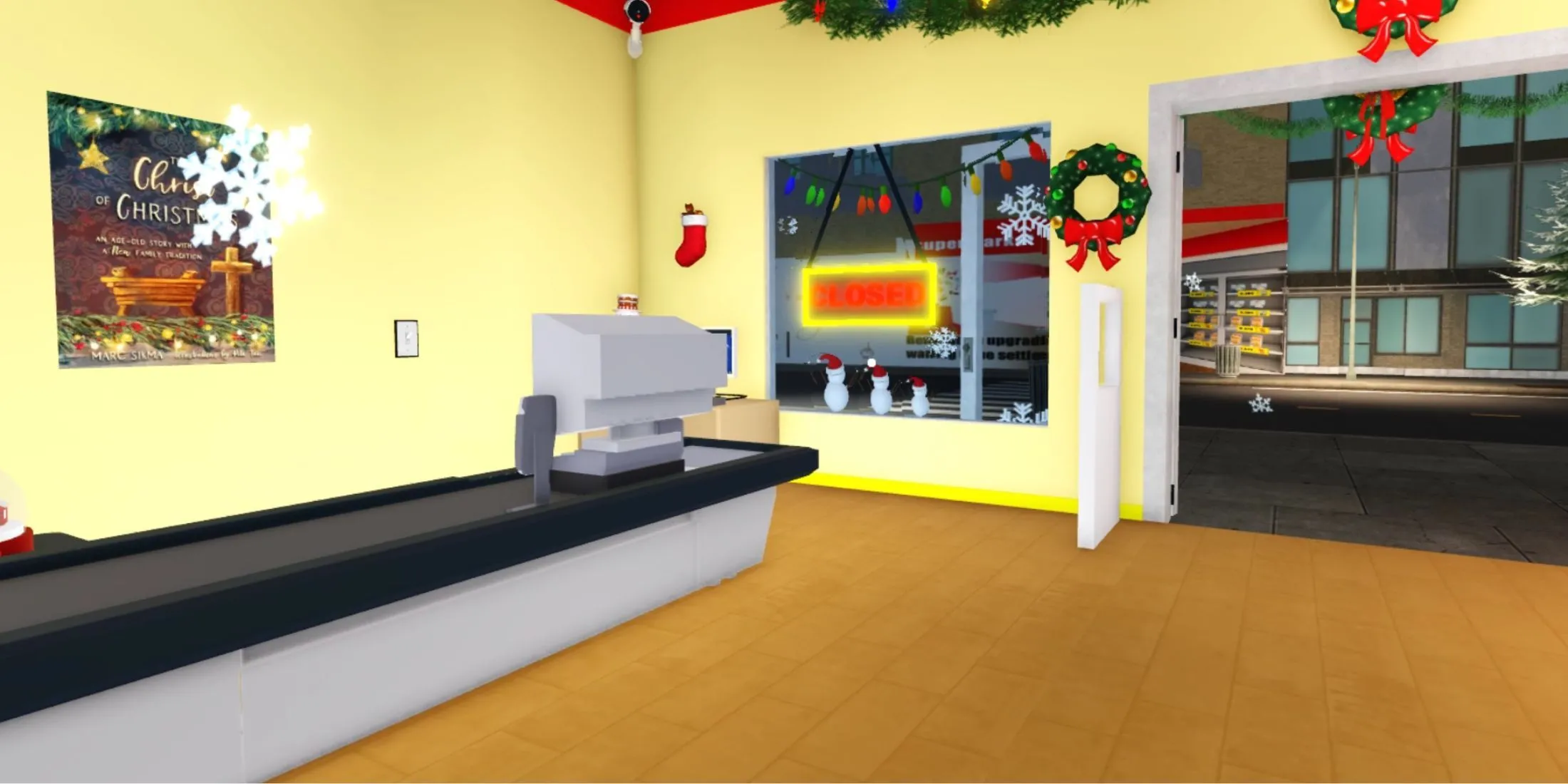 Một phần siêu thị trong game Supermarket Simulator với các quầy kệ chứa đầy hàng hóa