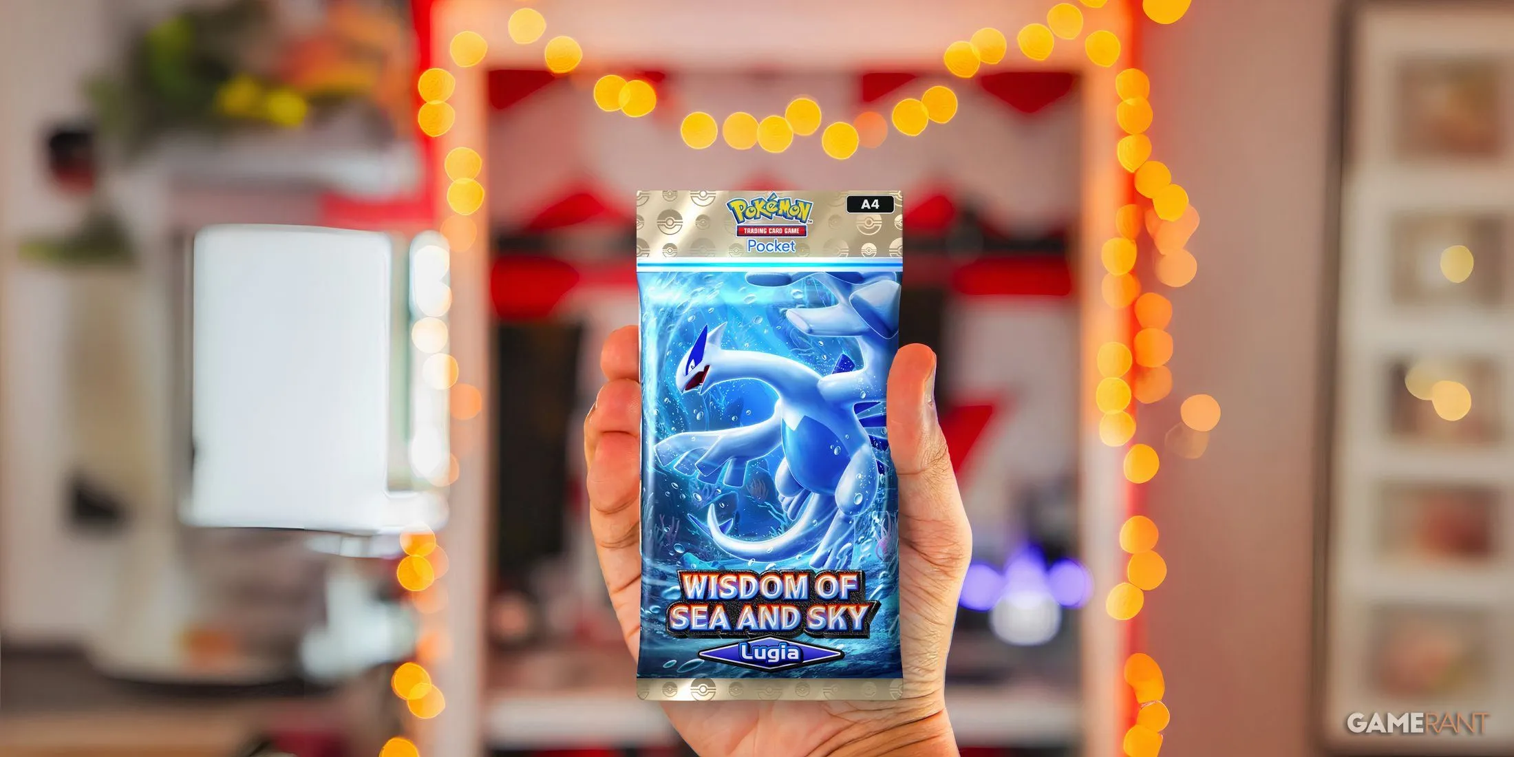 Người chơi mở gói bài Wisdom of Sea and Sky 6 lá trong Pokemon TCG Pocket, trải nghiệm độc quyền cập nhật mới.