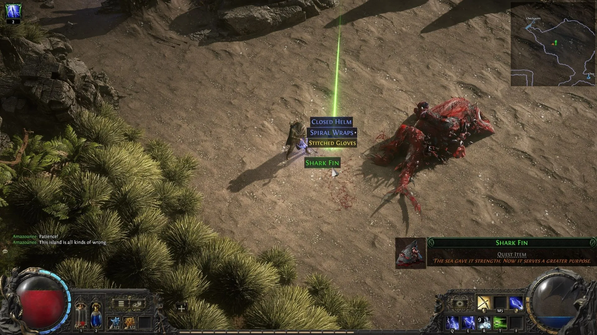 Nhân vật nhặt Shark Fin từ xác 'Great White One' sau khi đánh bại boss tại Whakapanu Island trong Path of Exile 2