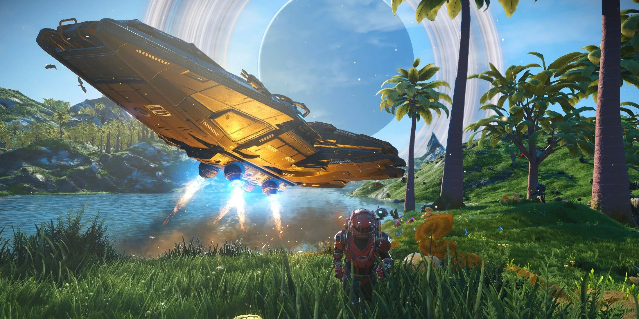 Phi công No Man's Sky cùng tàu vũ trụ cá nhân hạ cánh trên hành tinh xanh tươi, minh họa trải nghiệm khám phá thế giới mở.
