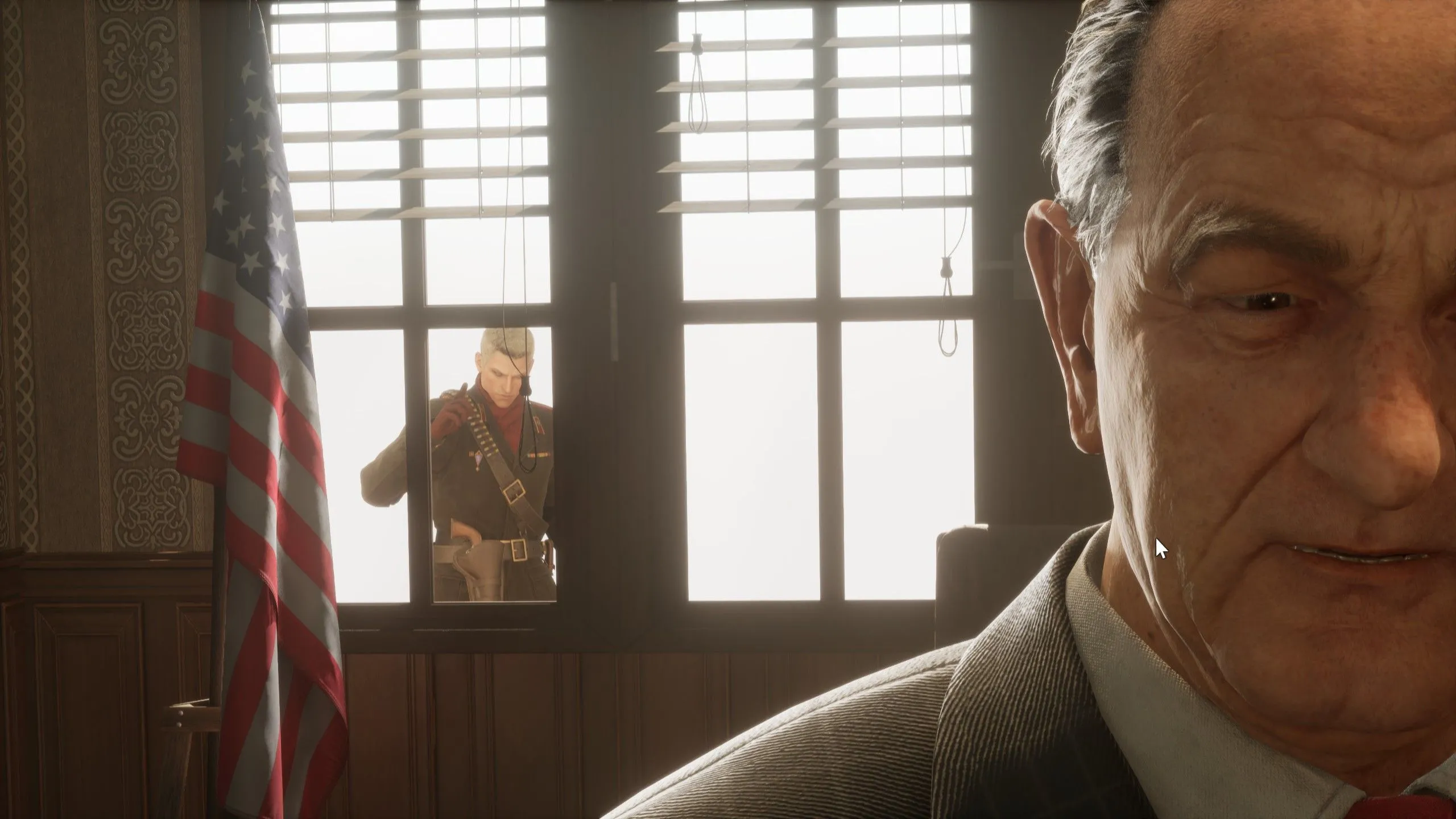 Revolver Ocelot quan sát Naked Snake trong bối cảnh rừng rậm, thể hiện sự phức tạp của cốt truyện Metal Gear Solid Delta