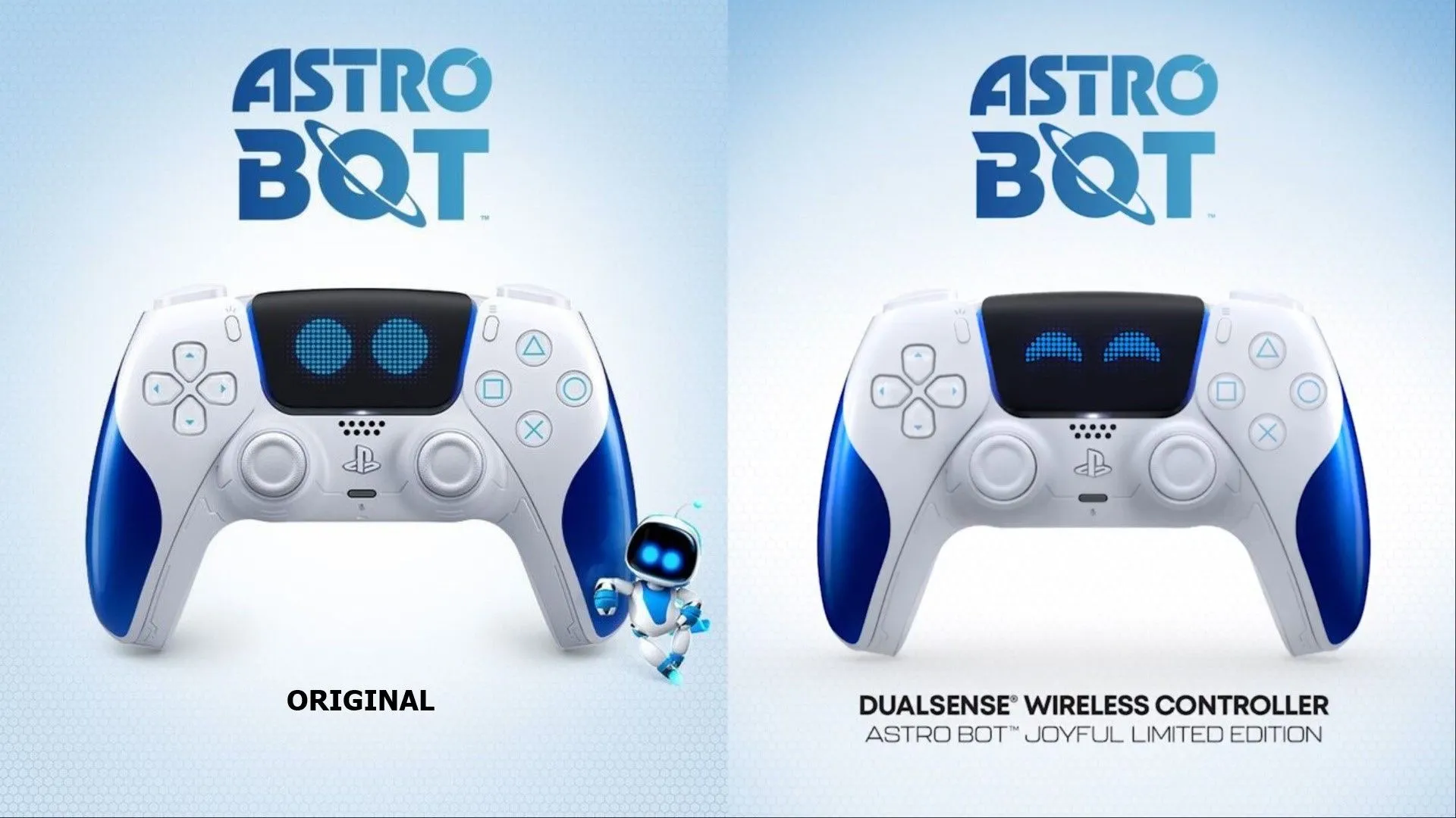 So sánh tay cầm DualSense Astro Bot phiên bản mắt nghỉ và DualSense Astro Bot Joyful mắt cười, cho thấy sự khác biệt về biểu cảm