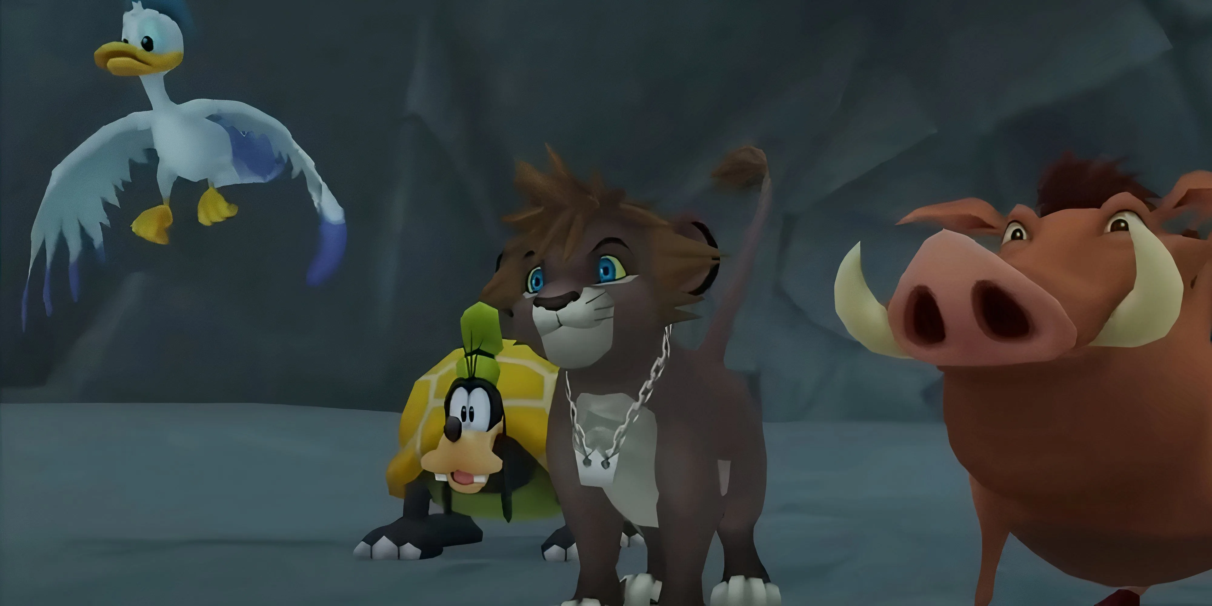 Sora, Donald, Goofy và Pumbaa trong một phân cảnh đáng nhớ của Kingdom Hearts 2, minh họa sự giao thoa độc đáo giữa Disney và Square Enix