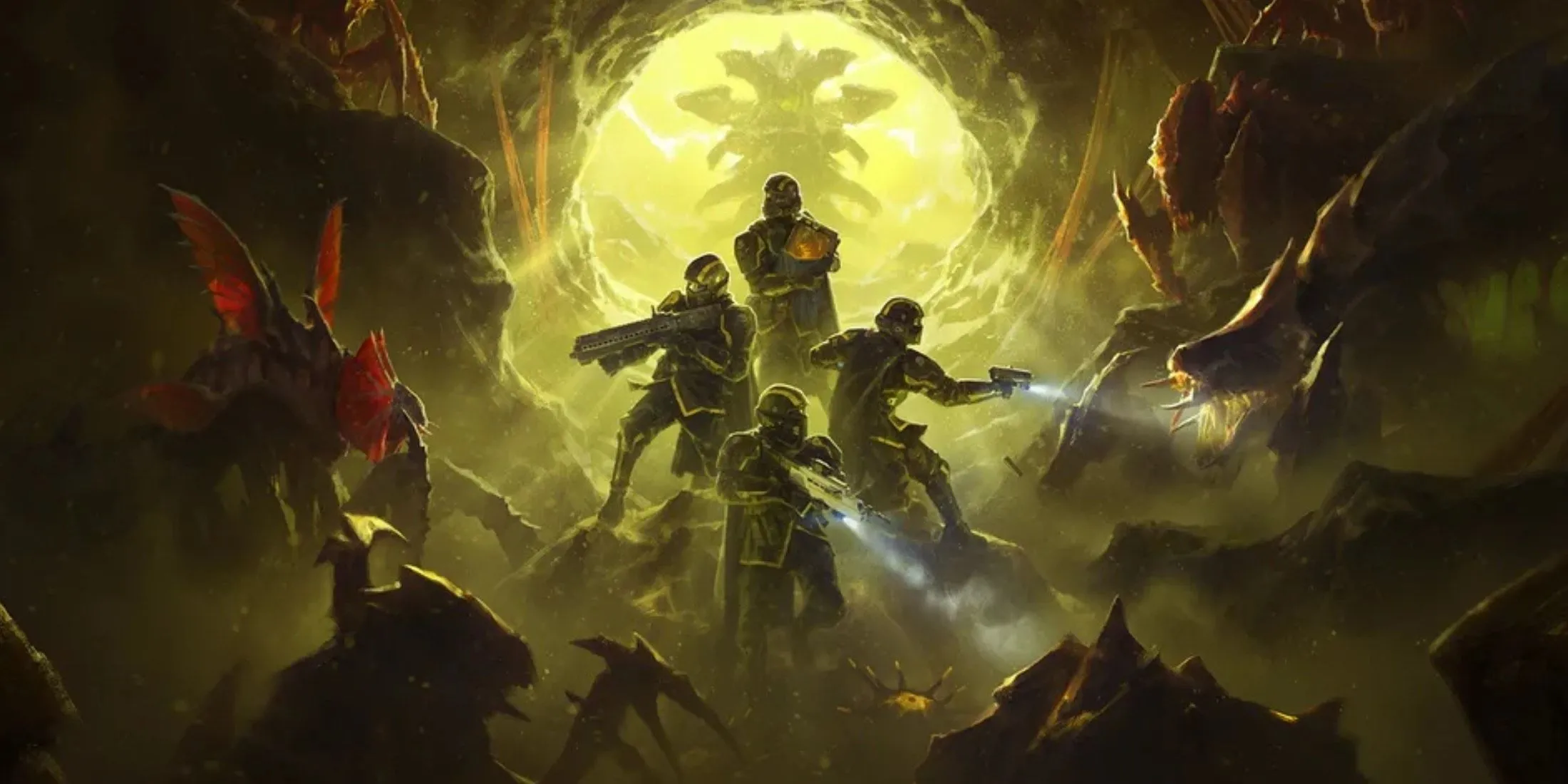 Tác phẩm nghệ thuật quảng bá chính thức của Helldivers 2 với hình ảnh các Helldiver chuẩn bị chiến đấu