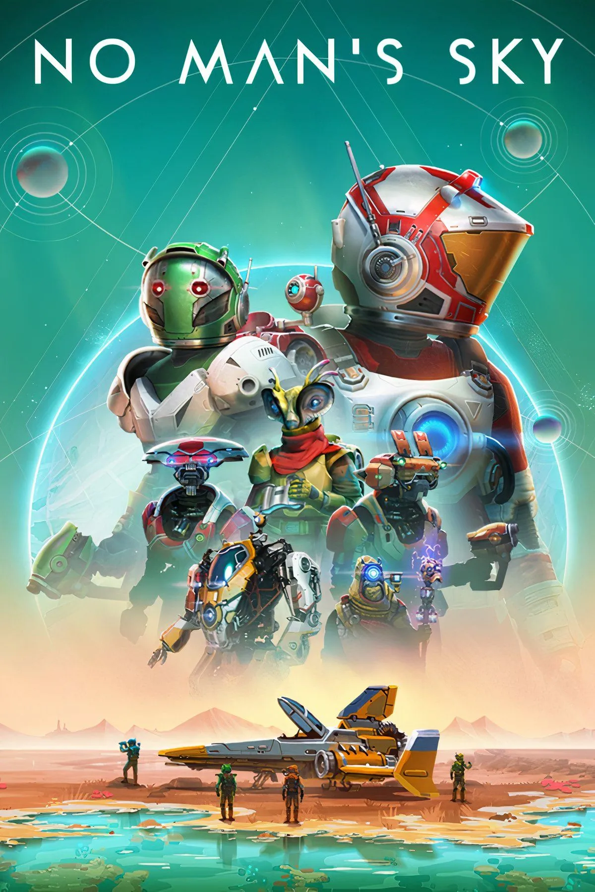 Tổng hợp các yếu tố đặc trưng của No Man's Sky: phi thuyền, hành tinh và môi trường đa dạng, phản ánh sự phong phú của vũ trụ game.
