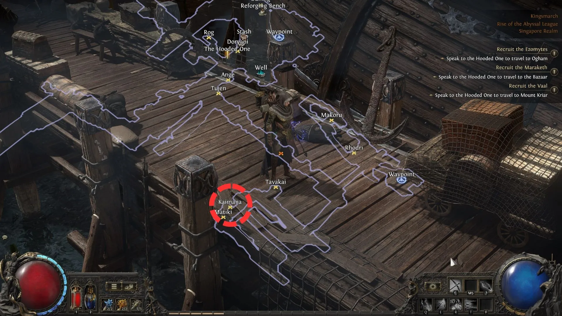 Vị trí của Kaimana, NPC nhận Shark Fin, trên bản đồ Kingsmarch trong Path of Exile 2